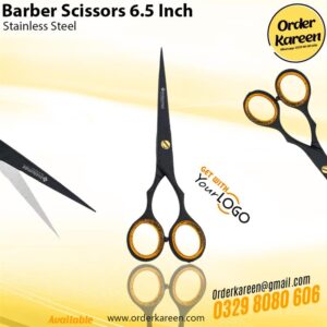 A pair of 6.5-inch professional barber scissors made of stainless steel with a sleek matte black finish and elegant gold-glitter inner finger rings.