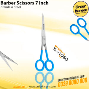 Professional 7-inch barber scissors made of durable stainless steel featuring ergonomic blue-coated handles and sharp precision blades.