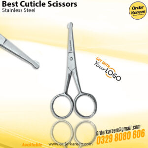 Compact stainless steel grooming scissors featuring rounded safety tips for safely trimming nose hair and a sharp edge for mustache detailing