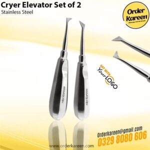 A pair of surgical-grade stainless steel Cryer elevators featuring triangular pointed tips for left and right side root extraction, with ergonomic heavy handles.