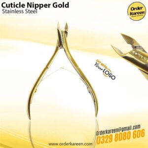 A premium stainless steel cuticle nipper with a full golden titanium coating, featuring an ultra-fine tip and double-spring mechanism for precision manicures.