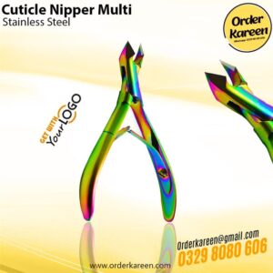A pair of professional stainless steel cuticle nippers with a vibrant multi-color rainbow titanium finish, featuring sharp angled blades and a double-spring handle design for precision nail care.
