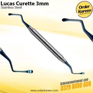 A pair of surgical stainless steel Lucas curettes with vibrant blue titanium-coated serrated tips and knurled ergonomic handles.
