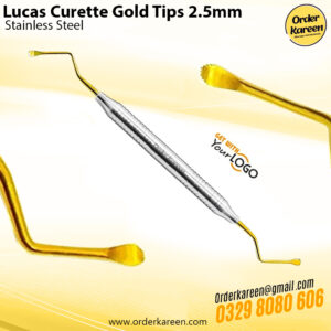 A set of two professional-grade dental Lucas curettes made of stainless steel, featuring serrated golden titanium-coated tips and ergonomic knurled handles for surgical precision.