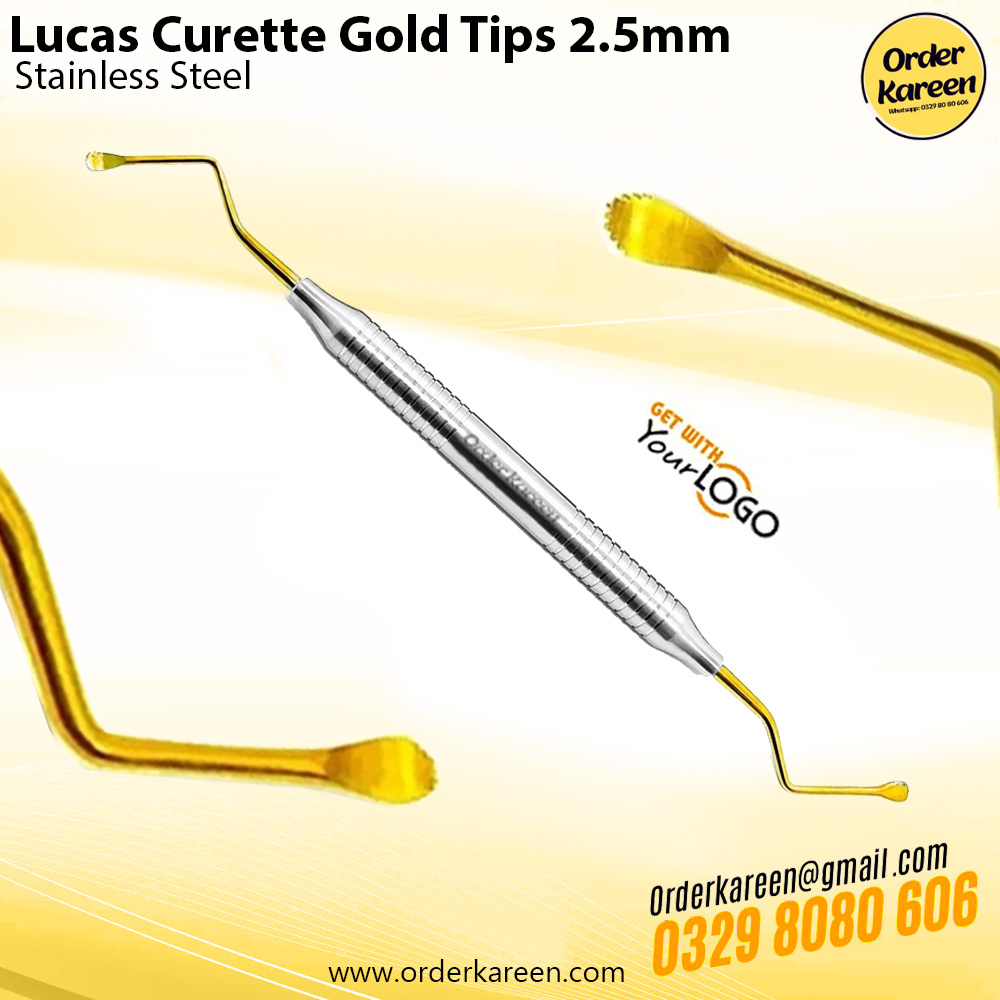 Lucas-Curette-Gold-Tips-2.5mm.. A set of two professional-grade dental Lucas curettes made of stainless steel, featuring serrated golden titanium-coated tips and ergonomic knurled handles for surgical precision.