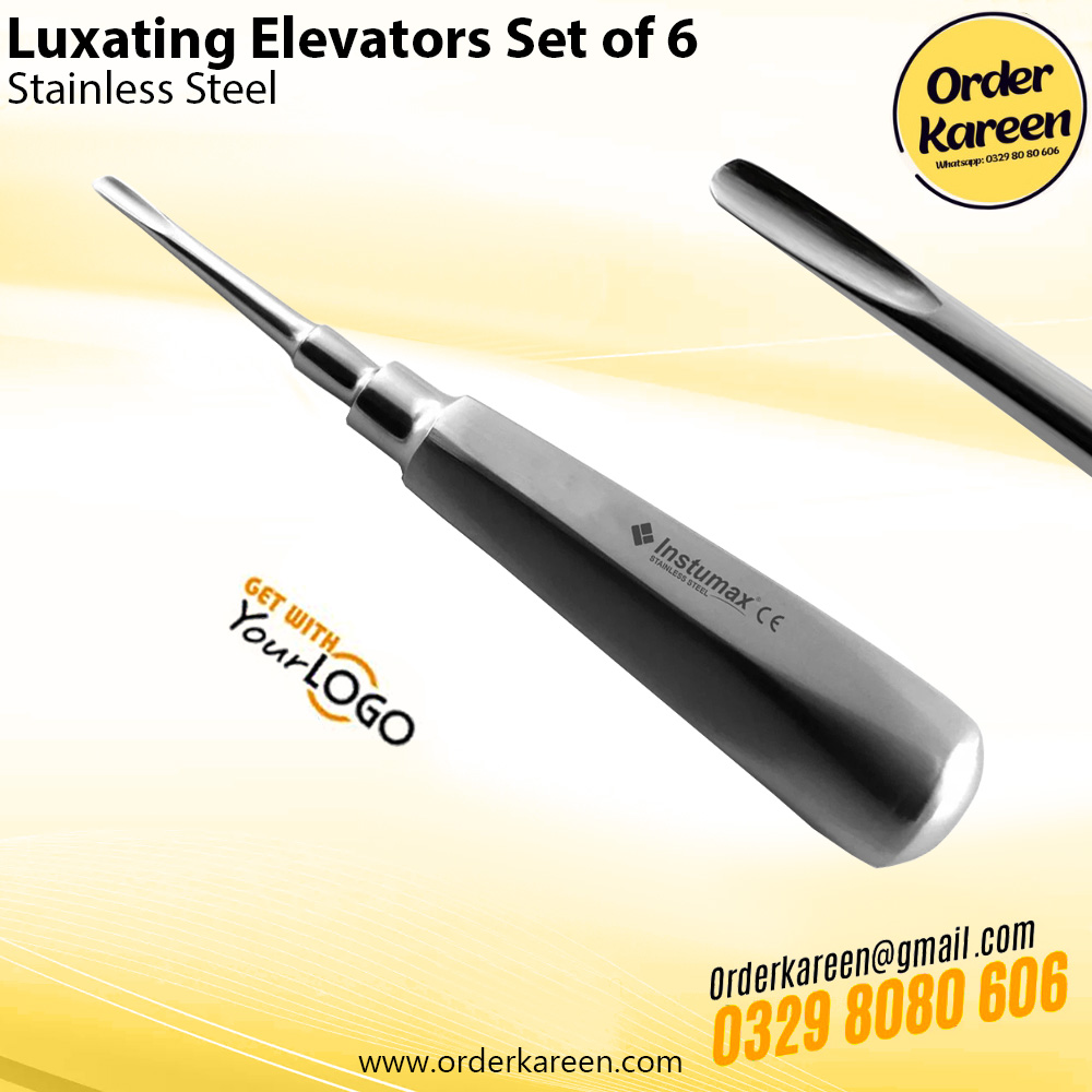 Luxating-Elevators-Set-of-6.. 1 A pair of surgical stainless steel Lucas curettes with vibrant blue titanium-coated serrated tips and knurled ergonomic handles.