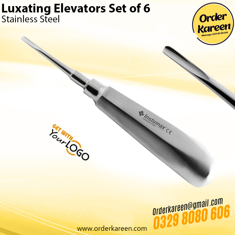 Luxating-Elevators-Set-of-6… 1 A pair of surgical stainless steel Lucas curettes with vibrant blue titanium-coated serrated tips and knurled ergonomic handles.