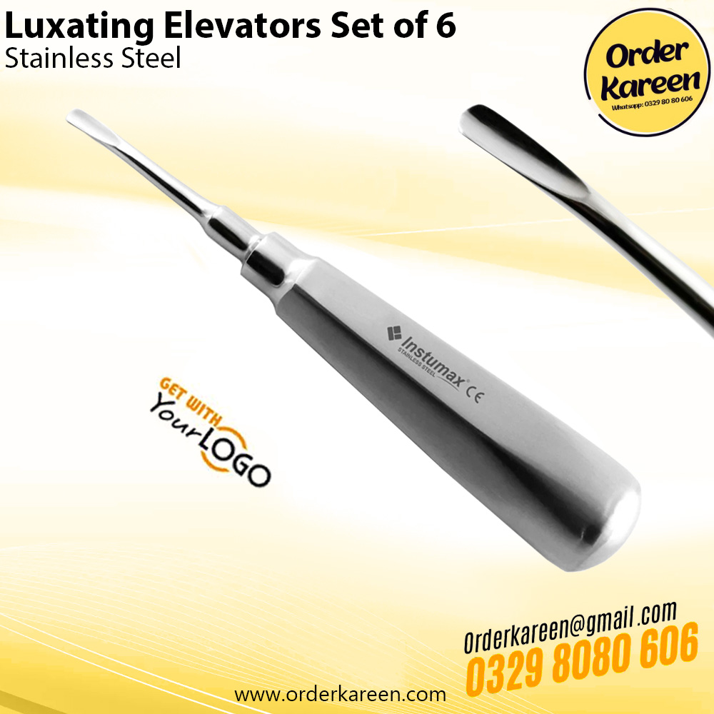 Luxating-Elevators-Set-of-6….. 1 A pair of surgical stainless steel Lucas curettes with vibrant blue titanium-coated serrated tips and knurled ergonomic handles.