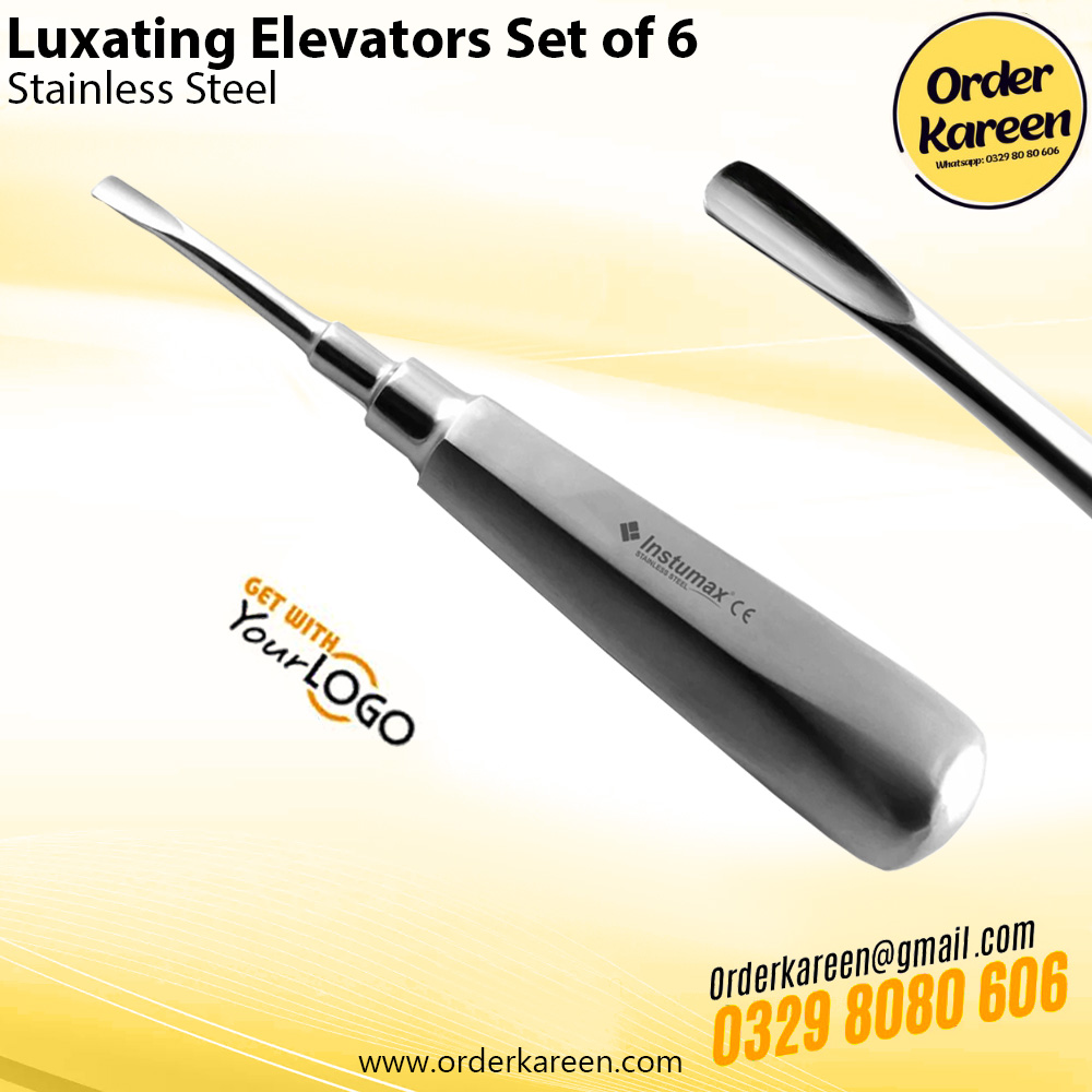 Luxating-Elevators-Set-of-6…… 1 A pair of surgical stainless steel Lucas curettes with vibrant blue titanium-coated serrated tips and knurled ergonomic handles.