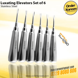 A set of six professional stainless steel dental luxating elevators with ergonomic handles, designed for precise tooth extraction and ligament detachment.