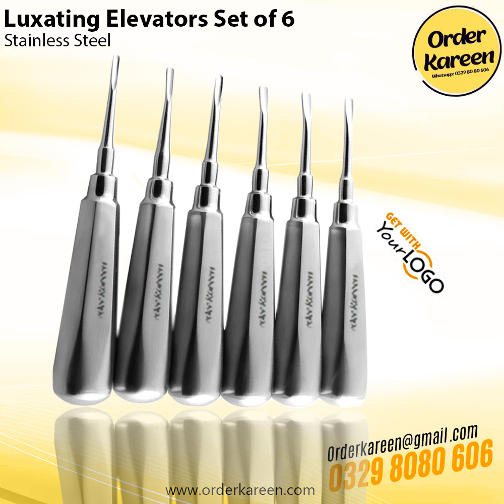 Professional 6-Piece Dental Luxating Elevators Set - Stainless Steel A set of six professional stainless steel dental luxating elevators with ergonomic handles, designed for precise tooth extraction and ligament detachment.