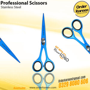 A pair of professional-grade 6.5-inch barber scissors with a vibrant sky blue titanium coating, featuring a large adjustable silver tension screw and black-glitter inner finger rings.