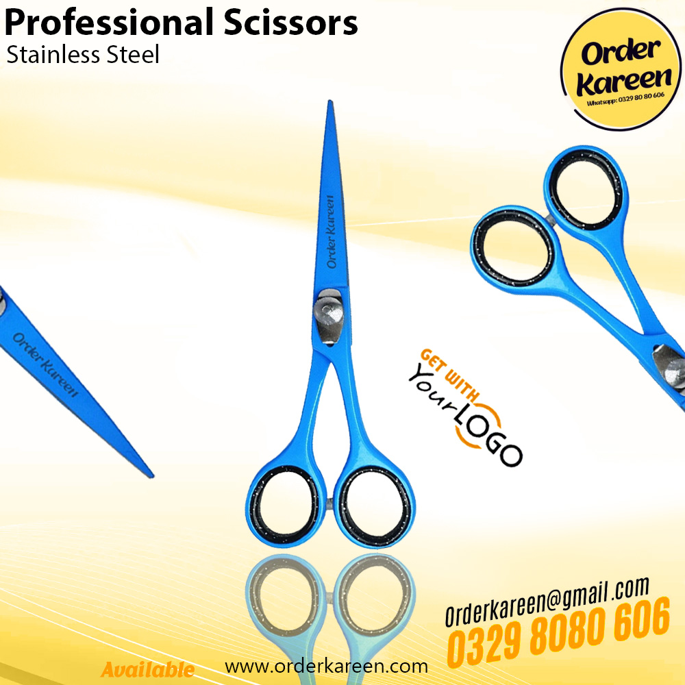 Professional Sky Blue Barber Scissors – Adjustable Tension Screw A pair of professional-grade 6.5-inch barber scissors with a vibrant sky blue titanium coating, featuring a large adjustable silver tension screw and black-glitter inner finger rings.