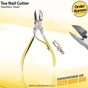 A heavy-duty stainless steel toe nail cutter featuring sharp curved blades and ergonomic half-golden plated handles for precision pedicure care.