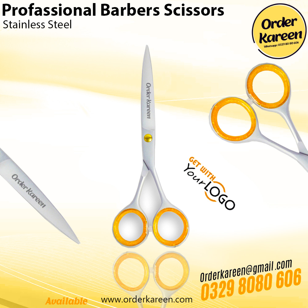 Professional 6.5-Inch Silver Barber Scissors – Orange Finger Inserts. A pair of professional-grade silver stainless steel barber scissors featuring a golden tension screw and vibrant orange rubber finger rest rings for enhanced comfort.