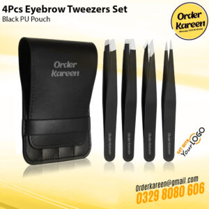 “4-piece black stainless steel eyebrow tweezers set for precise facial hair and eyebrow grooming.”