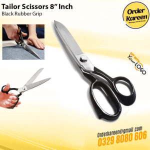 “Black 8-inch sharp tailor scissors made of stainless steel for precision fabric cutting.”