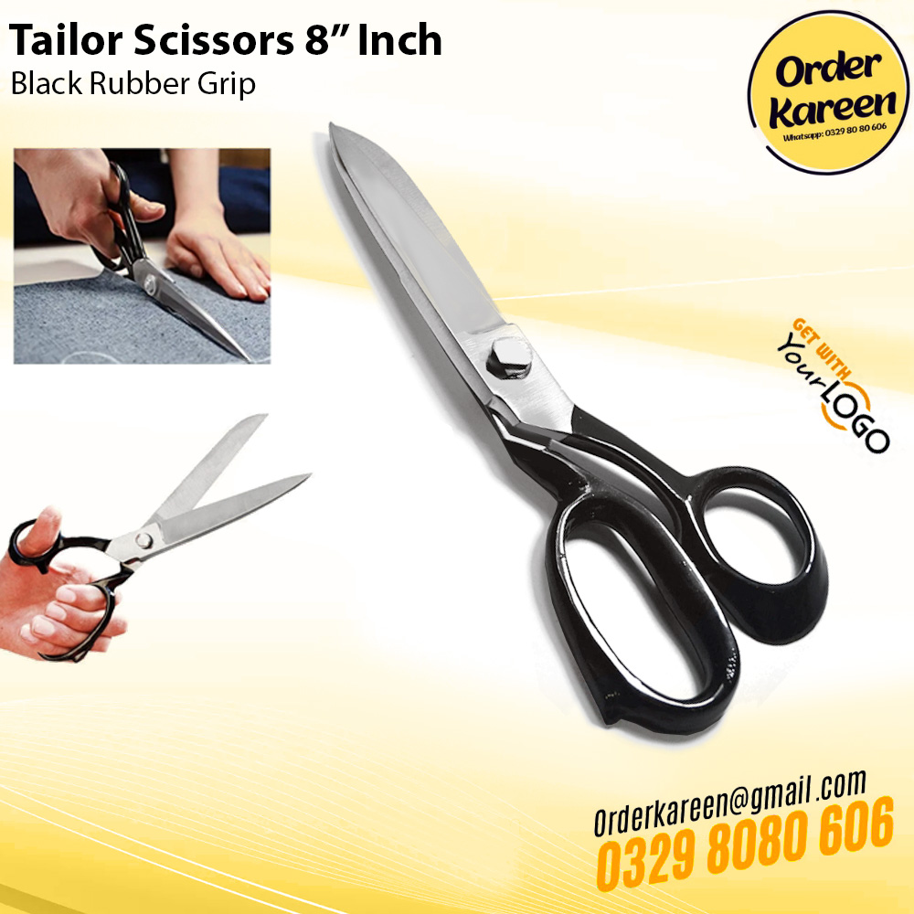 Black 8″ Stainless Steel Tailor Scissors – Sharp Precision Cutting “Black 8-inch sharp tailor scissors made of stainless steel for precision fabric cutting.”