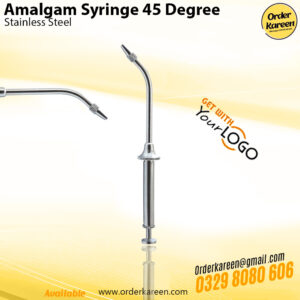 Stainless steel dental amalgam syringe with a 45-degree angled tip for posterior cavity filling.