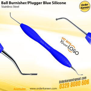 Dual-ended dental ball burnisher and plugger with a premium blue silicone handle for comfortable restorative procedures.
