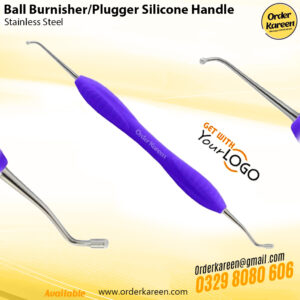 Dual-ended dental ball burnisher and plugger tool with an ergonomic blue silicone handle for composite and amalgam restoration.