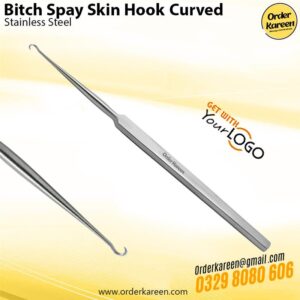 Professional stainless steel curved Bitch Spay skin hook retractor for veterinary surgery and soft tissue elevation.