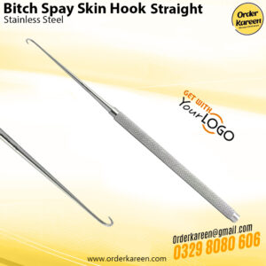 Professional stainless steel straight Bitch Spay skin hook for veterinary surgical retraction and skin elevation.