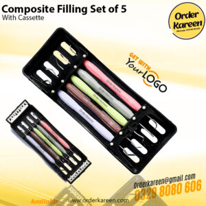 Set of 5 professional stainless steel dental composite filling instruments with non-slip blue handles for restorative dentistry.