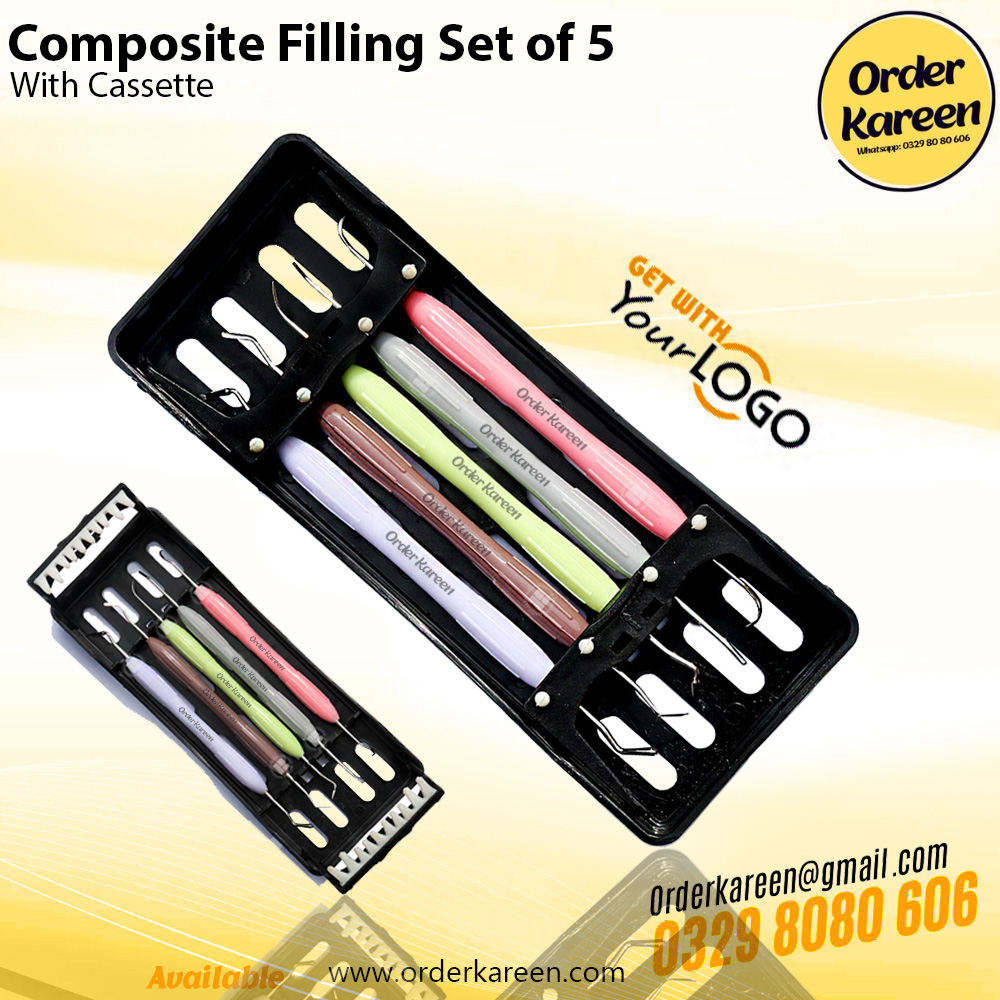 Professional-Composite-Filling-Set-5-Piece. Set of 5 professional stainless steel dental composite filling instruments with non-slip blue handles for restorative dentistry.