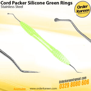 Dental gingival cord packer with green silicone grip rings and serrated circular tips for retraction cord placement.