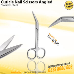 Angled cuticle and nail scissors with a sharp offset blade design for ergonomic trimming of cuticles and thin nails.