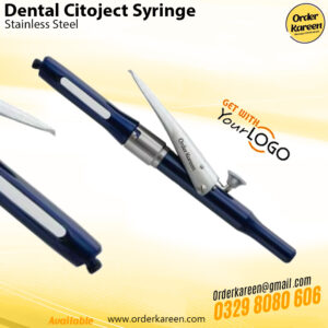 Professional dental Citoject syringe in blue anodized aluminum for intraligamental anesthesia.