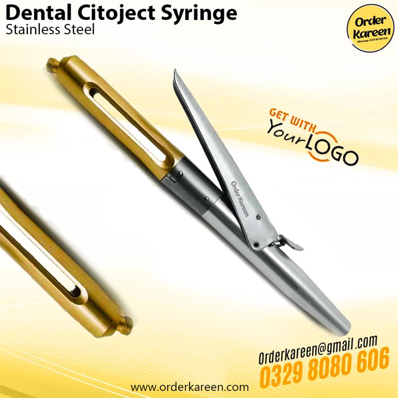 Dental-Citoject-Syringe-Silver-with-Golden-Grip Professional two-tone Citoject syringe featuring a polished silver barrel and an ergonomic golden-plated lever grip.