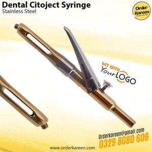 Premium full gold dental Citoject syringe for intraligamental anesthesia with titanium nitride coating.