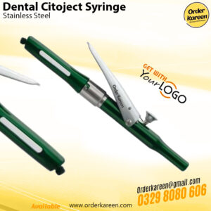 Professional dental Citoject syringe with a green anodized finish for intraligamental anesthesia.