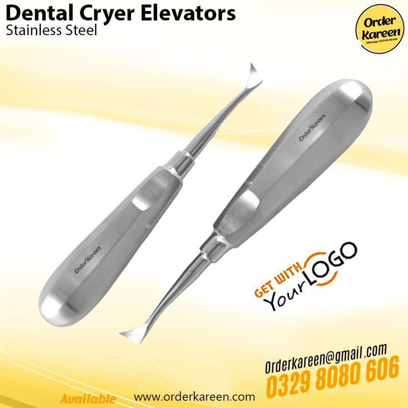 Cryer-Dental-Elevators-Left-Right-Pair Pair of stainless steel Cryer dental elevators with triangular blades for left and right side root extraction.