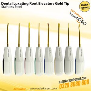 Professional dental luxating root elevator featuring a titanium gold-plated tip and ergonomic handle.