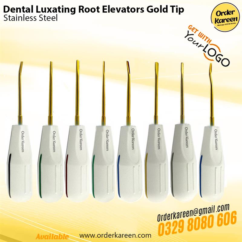 dental-luxating-root-elevator-gold-tip-extraction-tool Professional dental luxating root elevator featuring a titanium gold-plated tip and ergonomic handle.
