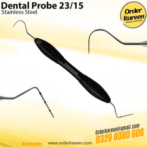Double-ended Dental Probe 23/15 featuring a shepherd's hook explorer and a 15mm graduated periodontal scale.