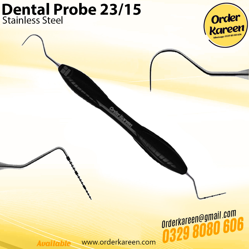 Dental-Probe-23-15-Hybrid-Instrument Double-ended Dental Probe 23/15 featuring a shepherd's hook explorer and a 15mm graduated periodontal scale.