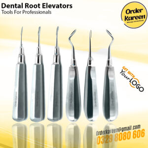 A collection of stainless steel dental root elevators including straight and curved patterns for oral surgery.