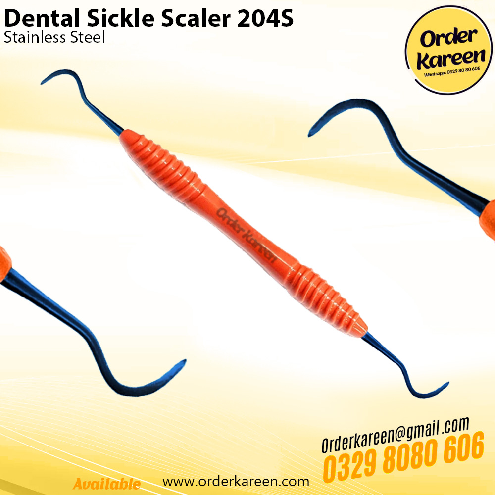 Dental-Sickle-Scaler-204S-Posterior-Pro.. Double-ended Dental Sickle Scaler 204S with contra-angle sharp tips for posterior supragingival calculus removal.