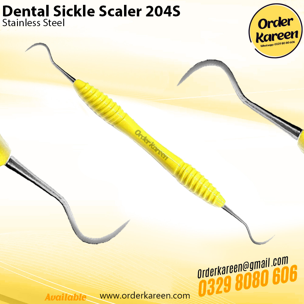 Dental-Sickle-Scaler-204S-Posterior (1) Double-ended Dental Sickle Scaler 204S with contra-angle tips for posterior supragingival calculus removal.