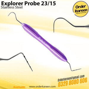 Double-ended dental explorer probe 23/15 with Shepherd's Hook tip and 15mm graduated periodontal markings.