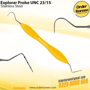 Double-ended dental explorer probe UNC 15 and #23 shepherd’s hook for periodontal pocket depth and caries detection.
