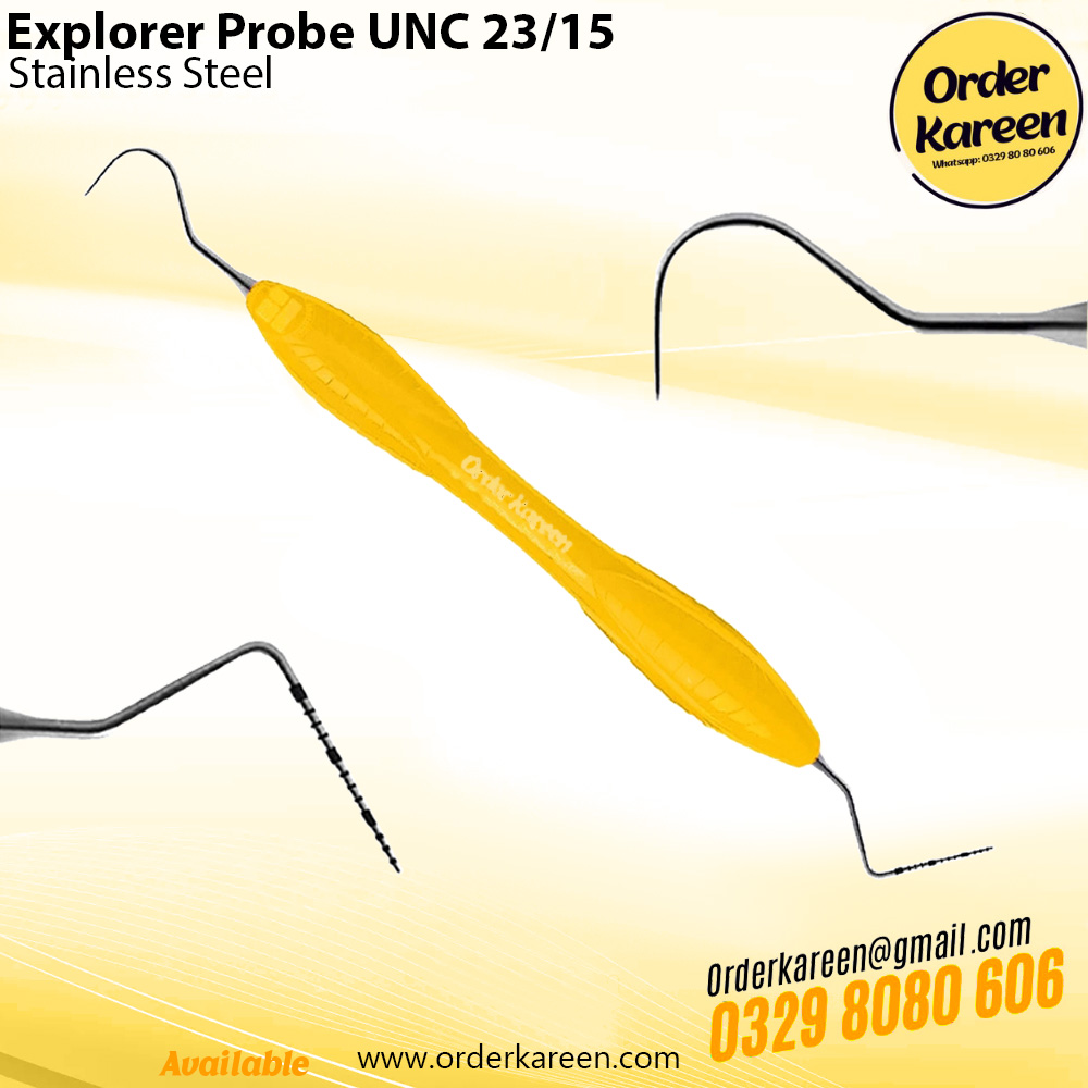 Explorer-Probe-UNC-15-23-Double-Ended. Double-ended dental explorer probe UNC 15 and #23 shepherd’s hook for periodontal pocket depth and caries detection.