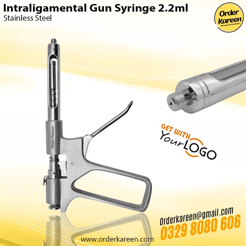 Intraligamental-Gun-Syringe-2.2ml-Stainless-Steel Professional pistol-grip intraligamental gun syringe for 2.2ml dental anesthetic cartridges.