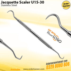 Stainless steel Jacquette Scaler U15/30 with double-ended pointed tips for supragingival dental scaling.