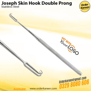 Precision Joseph skin hook with double prongs and stainless steel handle for fine surgical retraction.