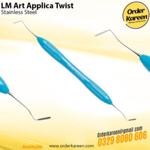 LM-Art Applica Twist dental instrument featuring dark-coated flexible spatula tips angled for interproximal composite modeling.